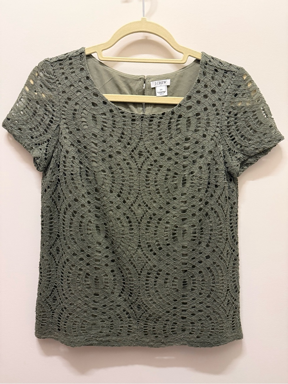 J. Crew Olive Crochet Short-Sleeve Top Like New Condition